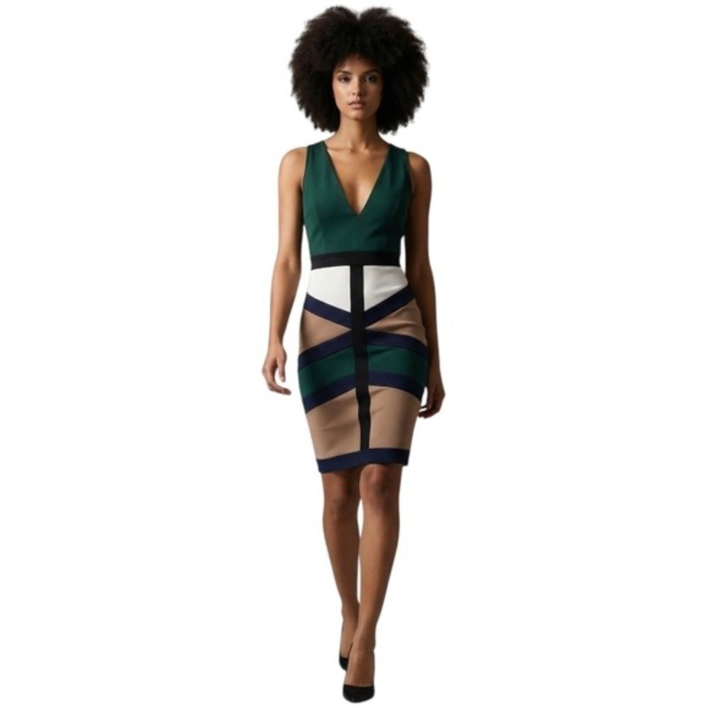 Privy Green Colorblock V-Neck Bodycon Cocktail Sheath Dress Size L PD4269